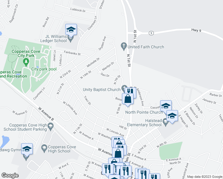 map of restaurants, bars, coffee shops, grocery stores, and more near 906 North 7th Street in Copperas Cove