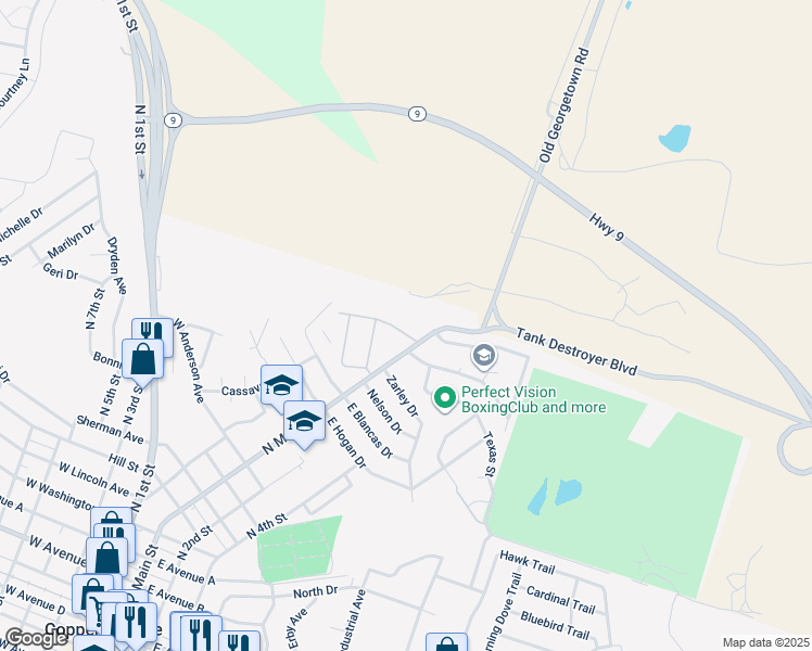 map of restaurants, bars, coffee shops, grocery stores, and more near 1803 North Main Street in Copperas Cove