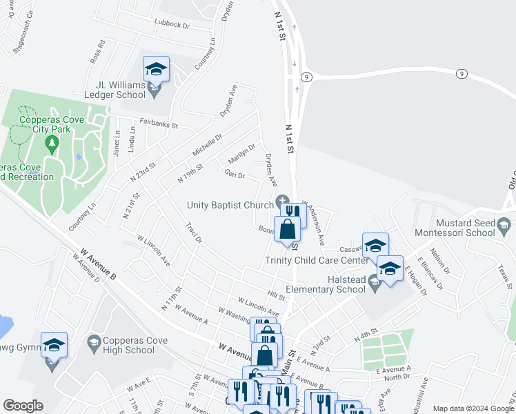 map of restaurants, bars, coffee shops, grocery stores, and more near 910 North 7th Street in Copperas Cove