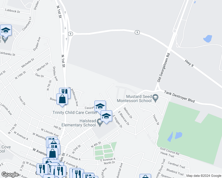 map of restaurants, bars, coffee shops, grocery stores, and more near 304 West Blancas Drive in Copperas Cove