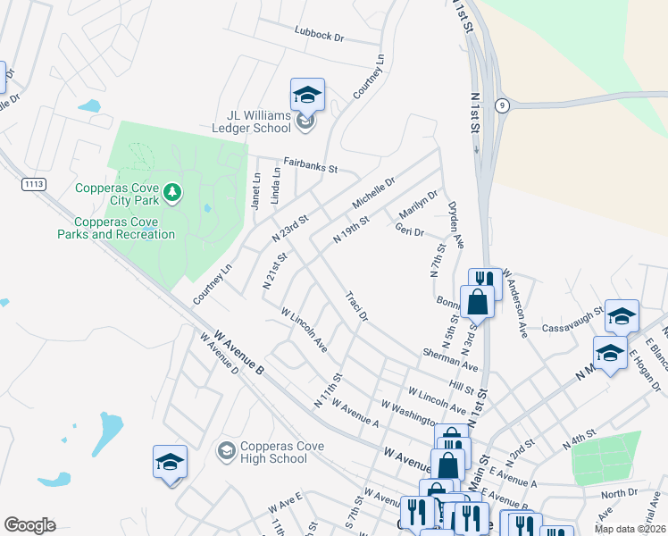 map of restaurants, bars, coffee shops, grocery stores, and more near 908 Traci Drive in Copperas Cove