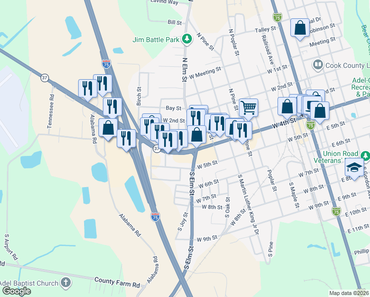 map of restaurants, bars, coffee shops, grocery stores, and more near 807 West 4th Street in Adel