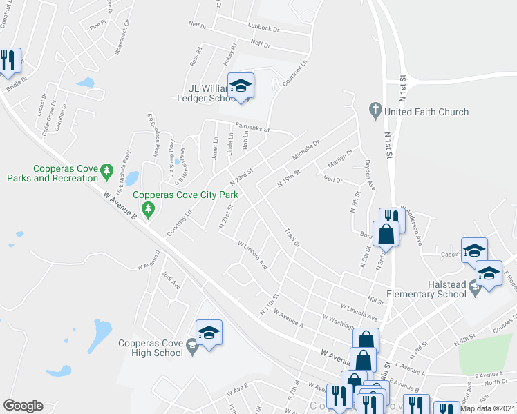 map of restaurants, bars, coffee shops, grocery stores, and more near 1006 Hill Street in Copperas Cove