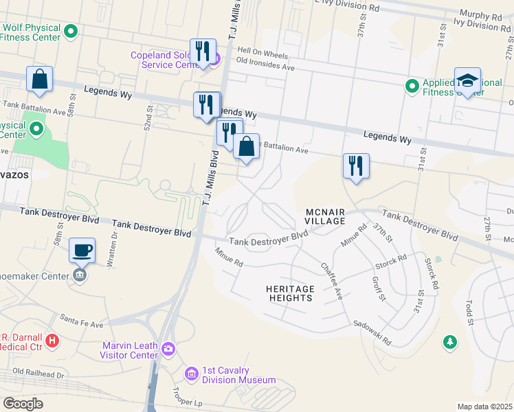 map of restaurants, bars, coffee shops, grocery stores, and more near 182 Casa Blanca Road in Fort Hood