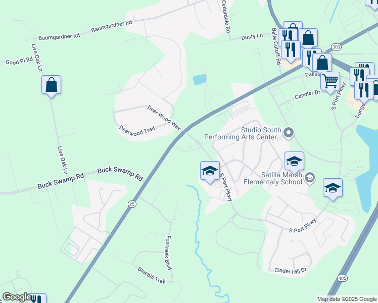 map of restaurants, bars, coffee shops, grocery stores, and more near Abbington Woods Drive in Glynn County