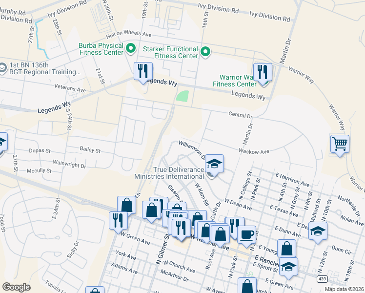 map of restaurants, bars, coffee shops, grocery stores, and more near 1104 Williamson Drive in Killeen