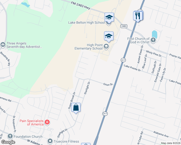 map of restaurants, bars, coffee shops, grocery stores, and more near 1209 Starlight Drive in Temple