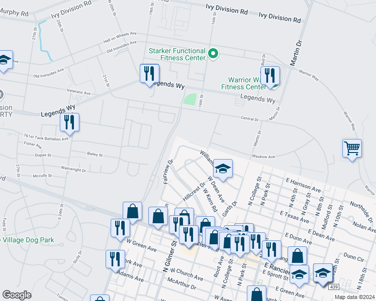 map of restaurants, bars, coffee shops, grocery stores, and more near 1715 Walton Walker Drive in Killeen