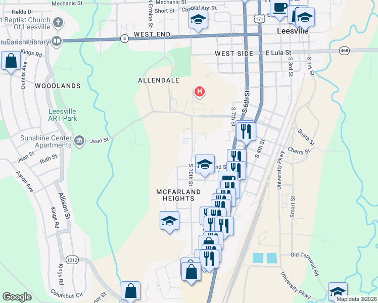 map of restaurants, bars, coffee shops, grocery stores, and more near 1006-1098 South 10th Street in Leesville