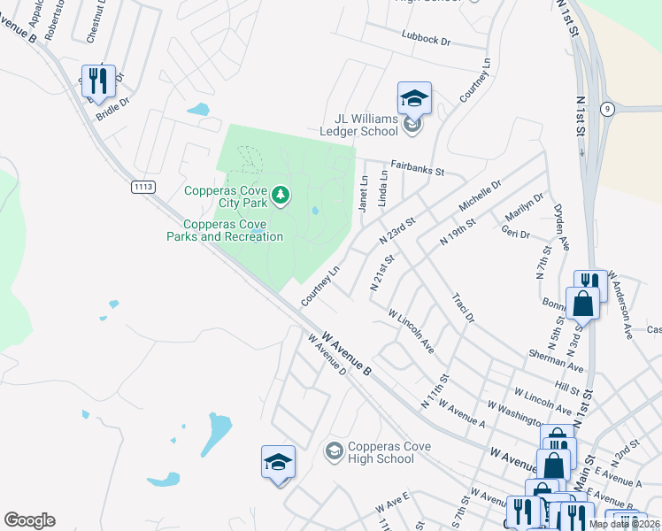 map of restaurants, bars, coffee shops, grocery stores, and more near 632 Beckman Parkway in Copperas Cove