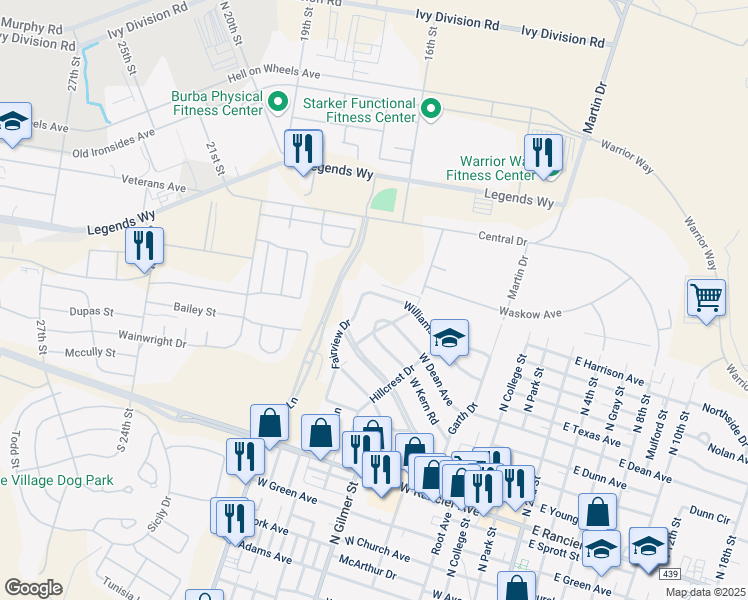 map of restaurants, bars, coffee shops, grocery stores, and more near 1809 Fairview Drive in Killeen