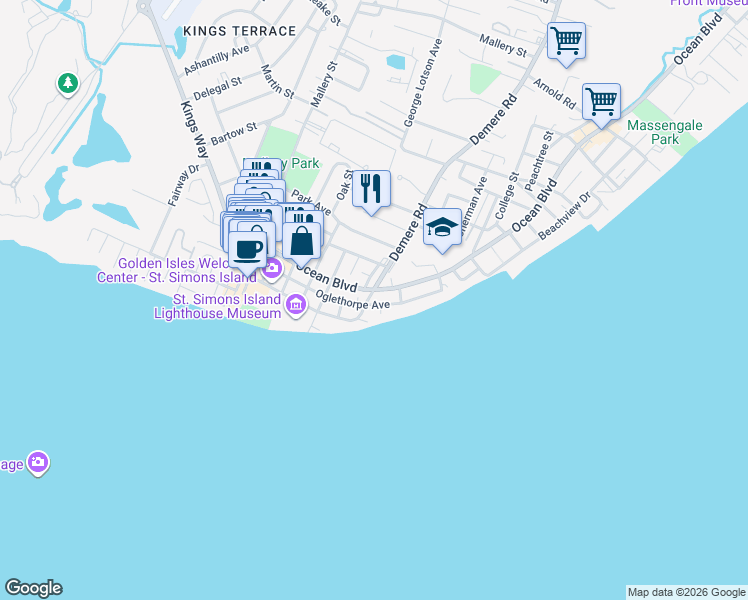 map of restaurants, bars, coffee shops, grocery stores, and more near 404 Demere Road in St. Simons Island
