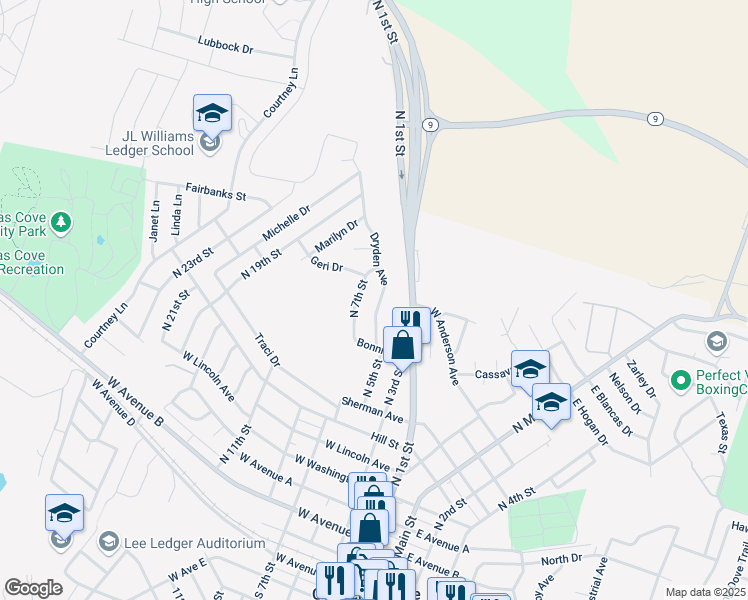 map of restaurants, bars, coffee shops, grocery stores, and more near 917 Dryden Avenue in Copperas Cove