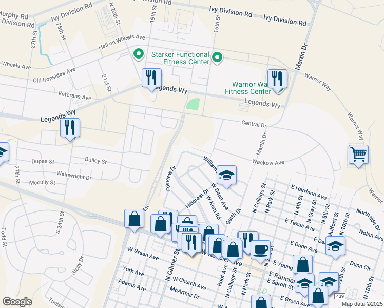 map of restaurants, bars, coffee shops, grocery stores, and more near 1105 Williamson Drive in Killeen