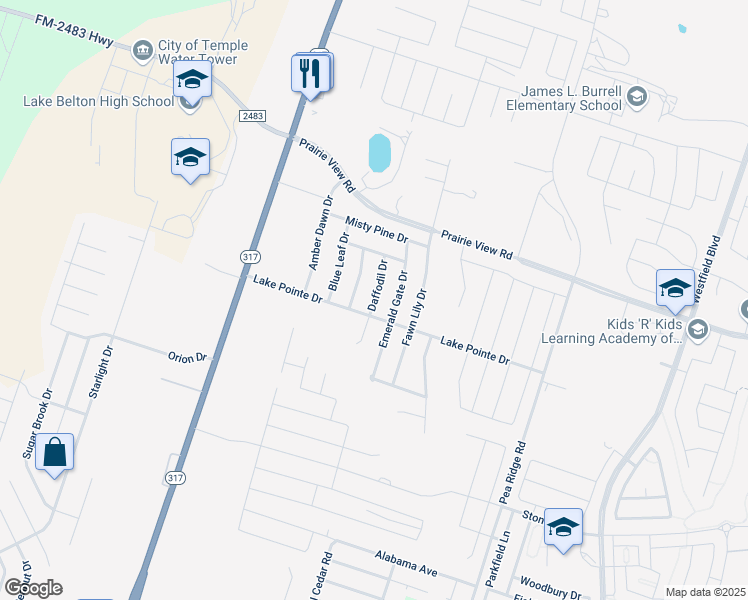 map of restaurants, bars, coffee shops, grocery stores, and more near Daffodil Drive in Temple
