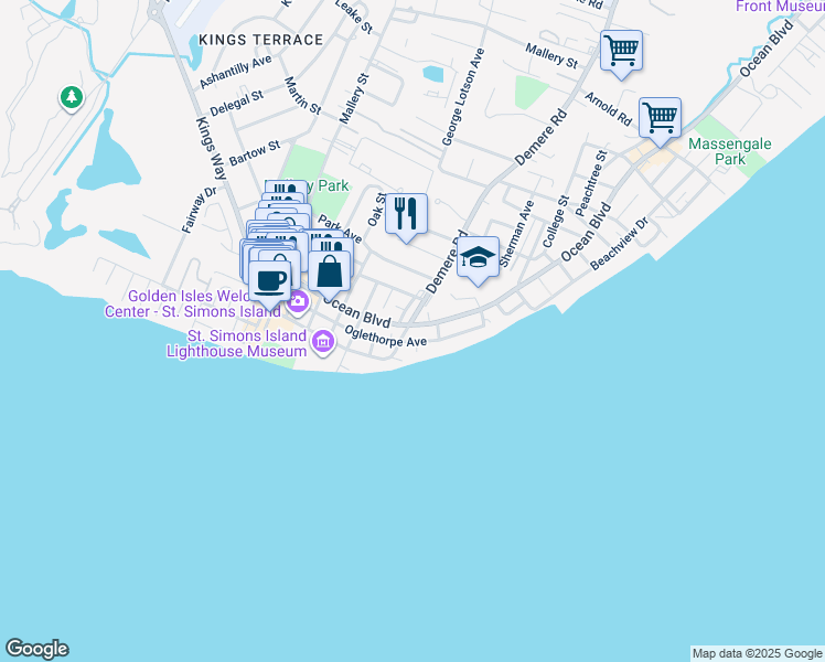 map of restaurants, bars, coffee shops, grocery stores, and more near 404 Demere Road in St. Simons Island