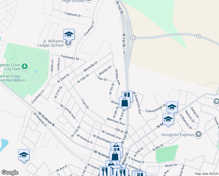 map of restaurants, bars, coffee shops, grocery stores, and more near 917 North 7th Street in Copperas Cove