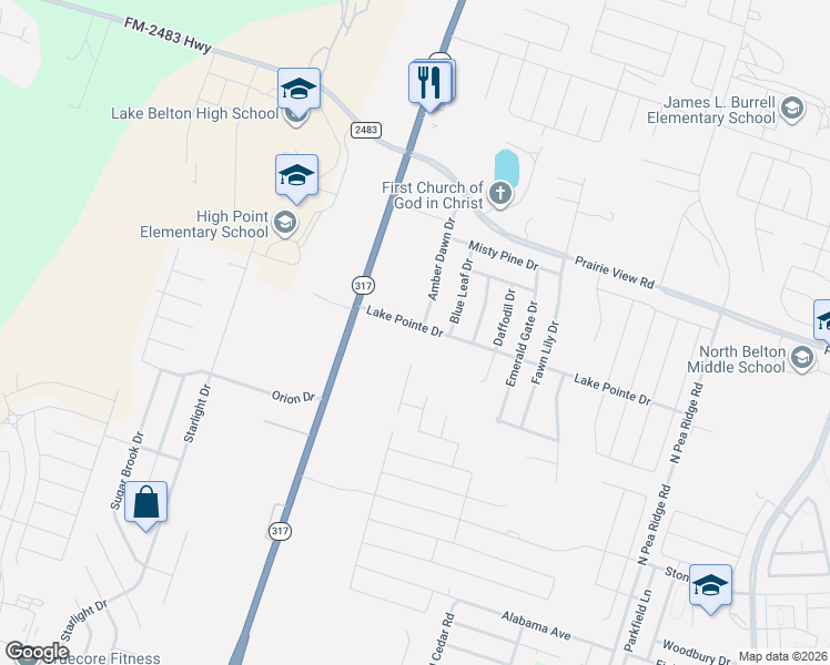 map of restaurants, bars, coffee shops, grocery stores, and more near 1202 Amber Dawn Drive in Temple