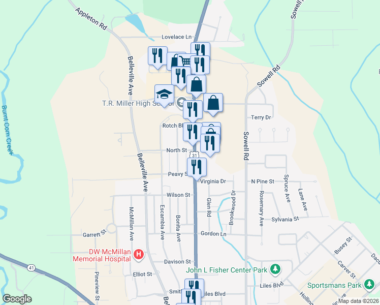 map of restaurants, bars, coffee shops, grocery stores, and more near 1701-1709 Douglas Ave in Brewton