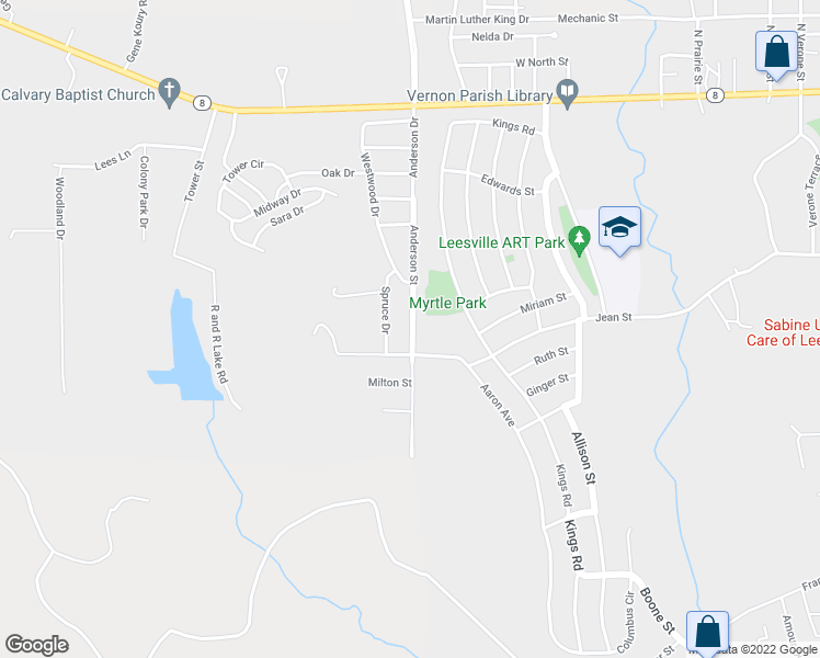 map of restaurants, bars, coffee shops, grocery stores, and more near 1116 Anderson Drive in Leesville