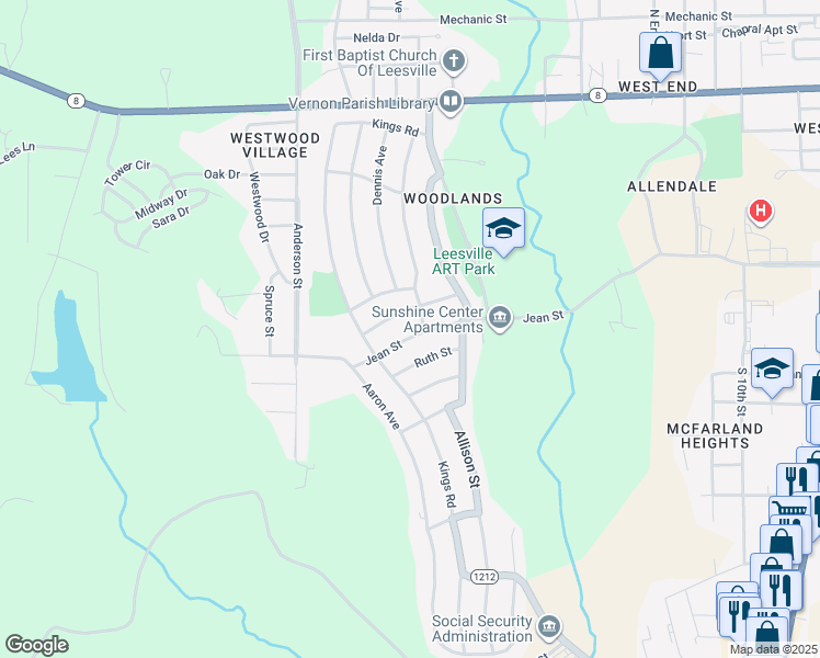 map of restaurants, bars, coffee shops, grocery stores, and more near 2104 Jean Street in Leesville