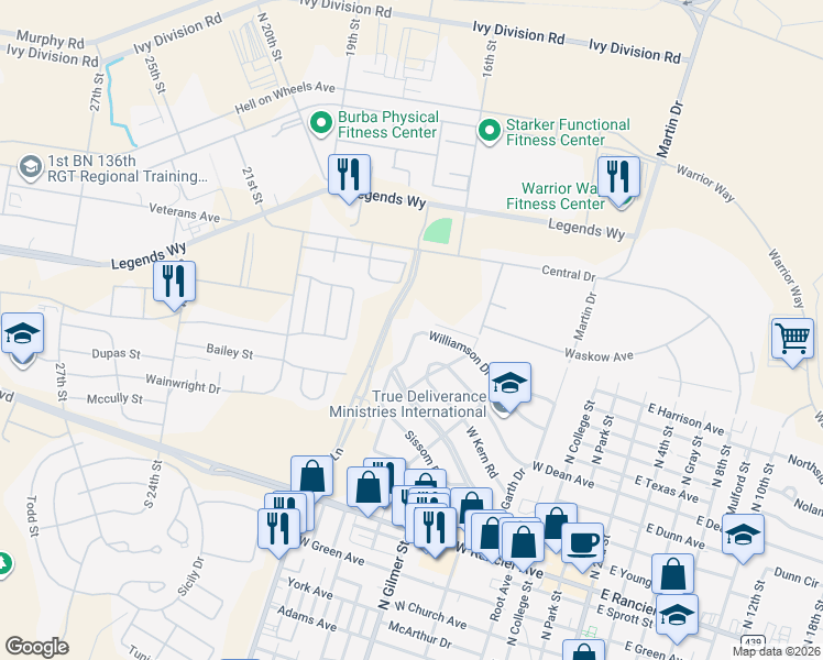 map of restaurants, bars, coffee shops, grocery stores, and more near 1809 Fairview Drive in Killeen