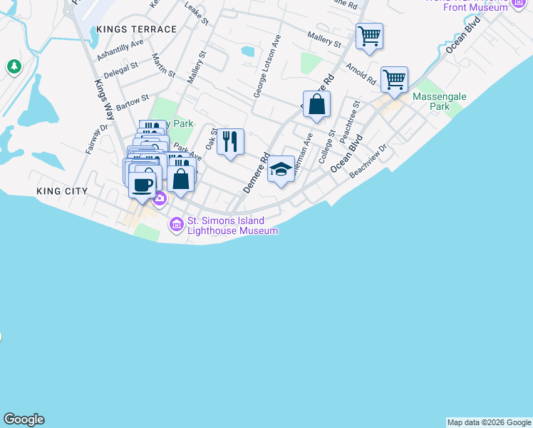 map of restaurants, bars, coffee shops, grocery stores, and more near 745 Ocean Boulevard in St. Simons Island