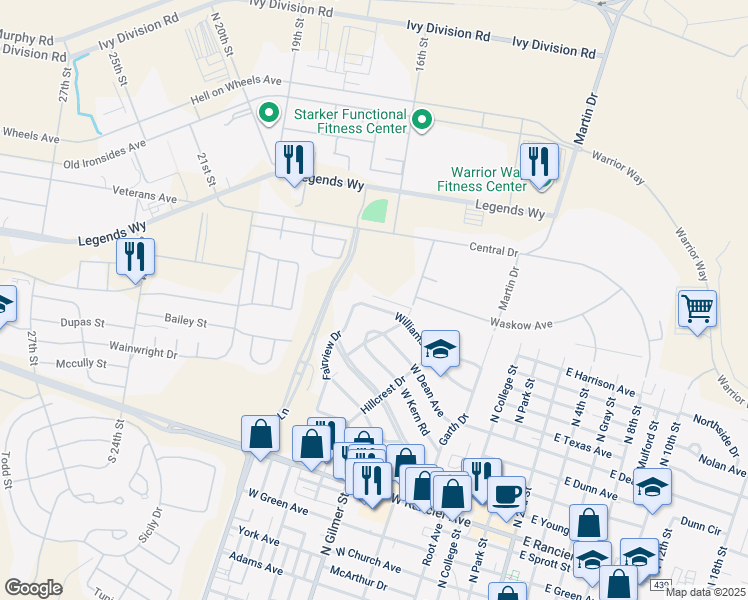 map of restaurants, bars, coffee shops, grocery stores, and more near 1105 Williamson Drive in Killeen