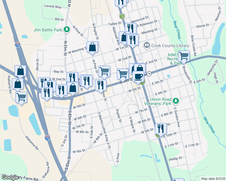 map of restaurants, bars, coffee shops, grocery stores, and more near 401 West 4th Street in Adel