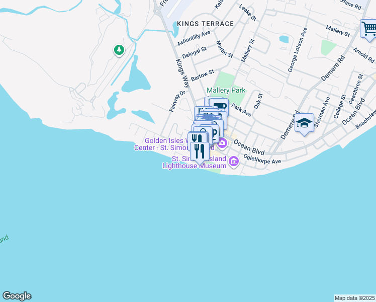 map of restaurants, bars, coffee shops, grocery stores, and more near 408 Butler Avenue in St. Simons Island