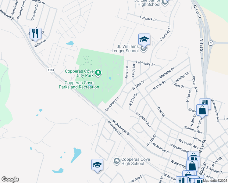 map of restaurants, bars, coffee shops, grocery stores, and more near 632 Beckman Parkway in Copperas Cove