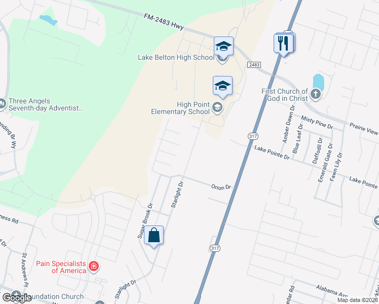 map of restaurants, bars, coffee shops, grocery stores, and more near 1408 Starlight Drive in Temple