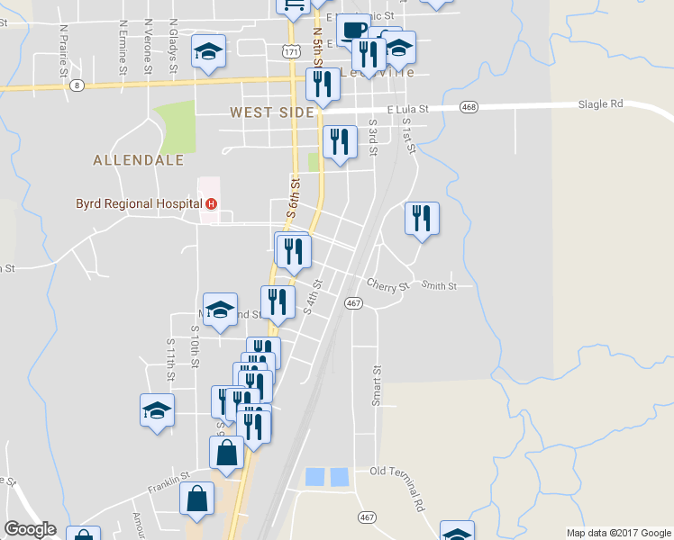 map of restaurants, bars, coffee shops, grocery stores, and more near 3rd St & E Louisiana St in Leesville