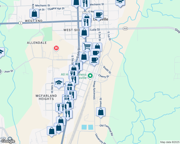 map of restaurants, bars, coffee shops, grocery stores, and more near 3rd St & E Louisiana St in Leesville