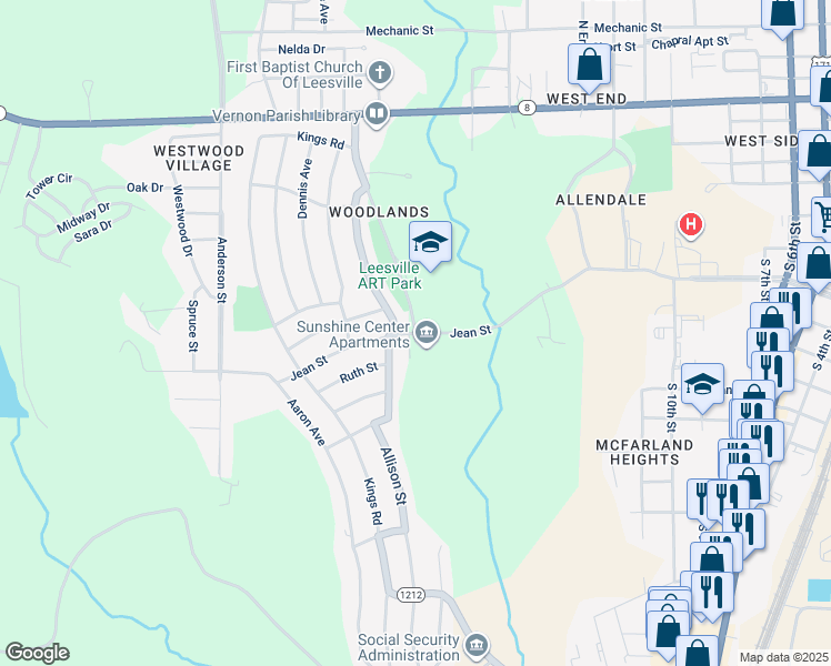 map of restaurants, bars, coffee shops, grocery stores, and more near 1207 John Paul Jones Avenue in Leesville