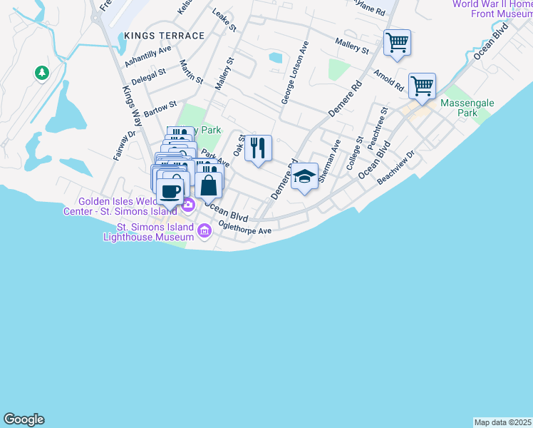 map of restaurants, bars, coffee shops, grocery stores, and more near 404 Demere Road in St. Simons Island