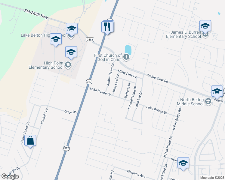 map of restaurants, bars, coffee shops, grocery stores, and more near 1218 Blue Leaf Drive in Temple