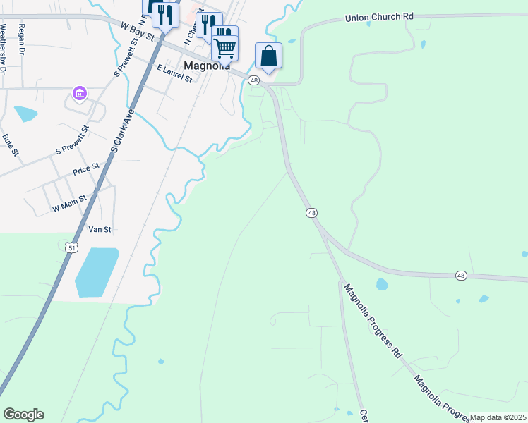 map of restaurants, bars, coffee shops, grocery stores, and more near 1027 Hillside Drive in Magnolia