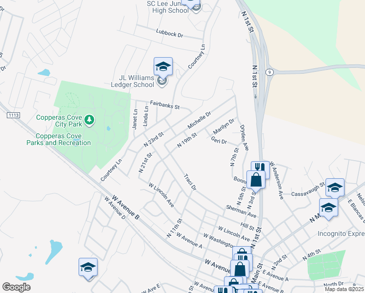 map of restaurants, bars, coffee shops, grocery stores, and more near 712 North 19th Street in Copperas Cove