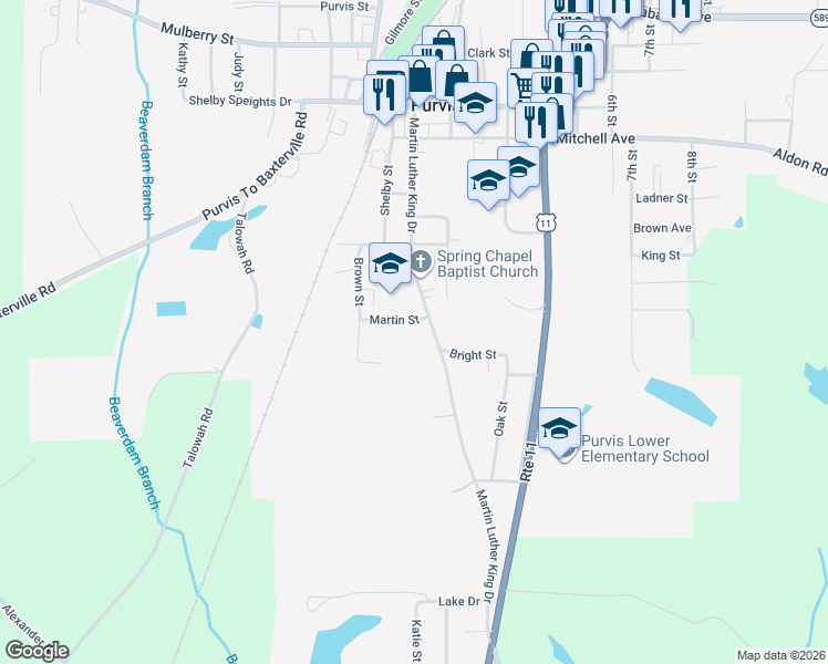 map of restaurants, bars, coffee shops, grocery stores, and more near 23 Martin Street in Purvis
