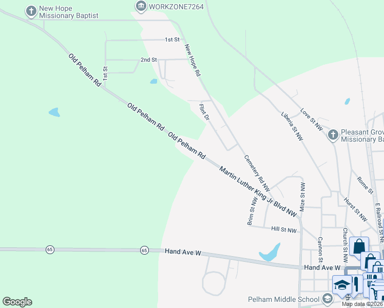 map of restaurants, bars, coffee shops, grocery stores, and more near 1517 Old Pelham Road in Pelham