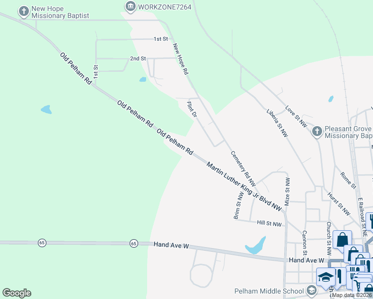 map of restaurants, bars, coffee shops, grocery stores, and more near 1517 Old Pelham Road in Pelham
