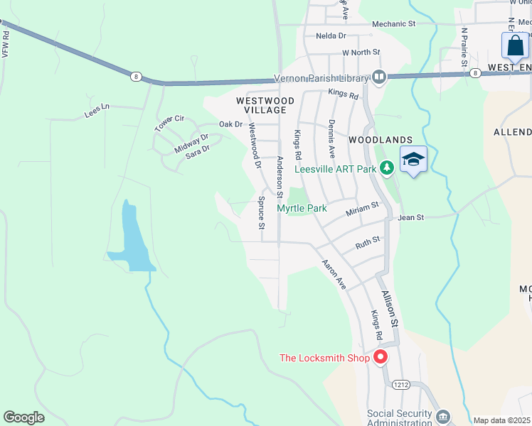 map of restaurants, bars, coffee shops, grocery stores, and more near 1111 Spruce Drive in Leesville