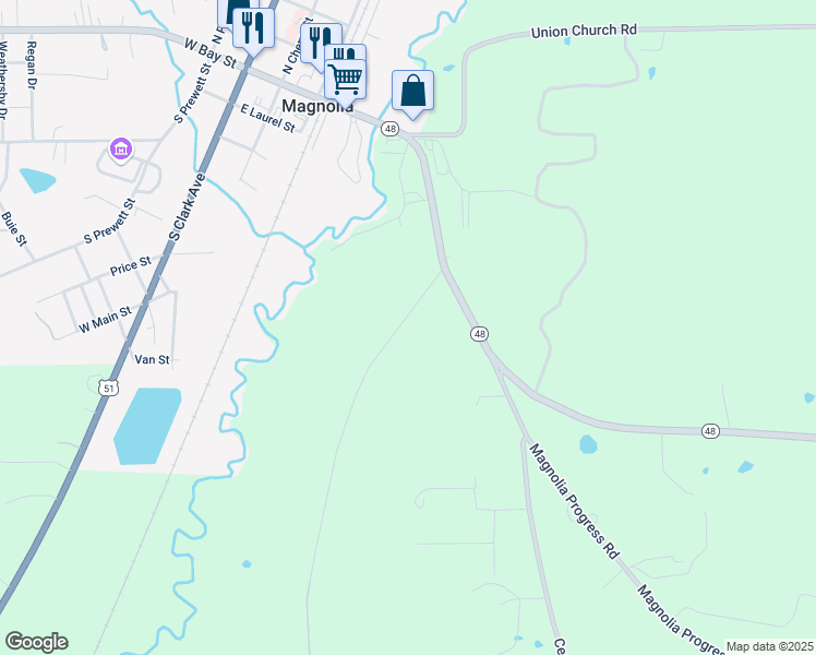 map of restaurants, bars, coffee shops, grocery stores, and more near 1027 Hillside Drive in Magnolia