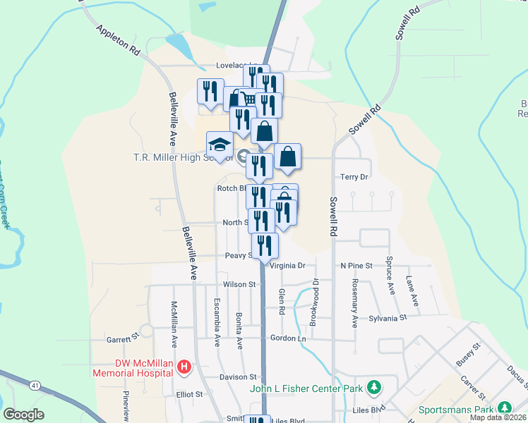 map of restaurants, bars, coffee shops, grocery stores, and more near 1701 Douglas Avenue in Brewton
