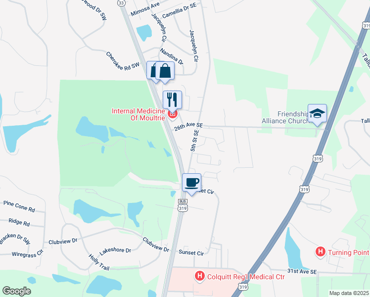 map of restaurants, bars, coffee shops, grocery stores, and more near 5th Street Southeast in Moultrie