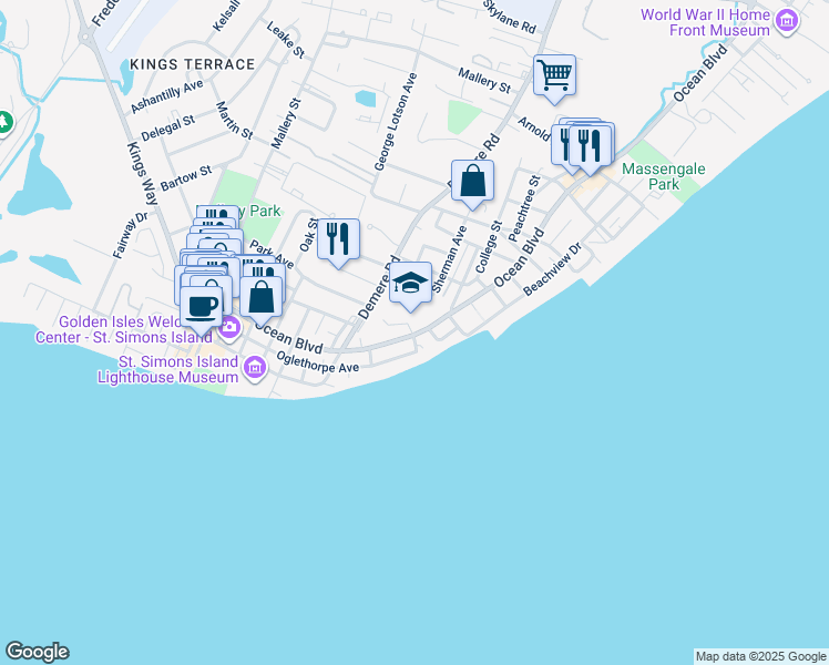 map of restaurants, bars, coffee shops, grocery stores, and more near 805 Ocean Boulevard in St. Simons Island