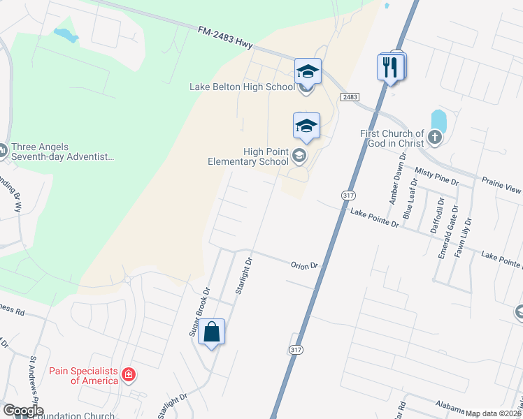 map of restaurants, bars, coffee shops, grocery stores, and more near 1408 Starlight Drive in Temple