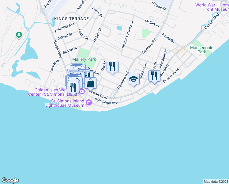 map of restaurants, bars, coffee shops, grocery stores, and more near 404 Demere Road in St. Simons Island