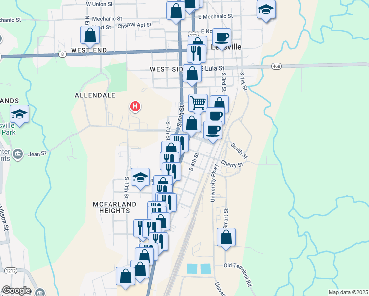 map of restaurants, bars, coffee shops, grocery stores, and more near 903 South 5th Street in Leesville